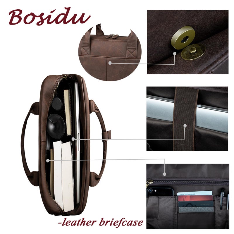 Bosidu Leather Briefcases for Men 15.6 Inch Laptop Briefcase Business Messenger Bag Retro Waterproof Computer Bag Perfect Birthday Gifts For Husband, Brown - Image 3
